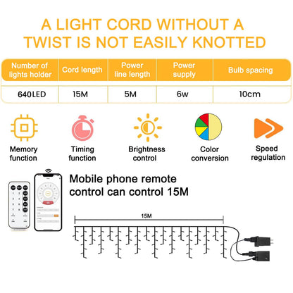 Rynx | Soshot 49Ft Christmas Light String - 640 Led, 8 Modes, Remote Control, Waterproof, Warm White to Multicolor