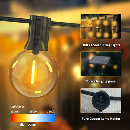 Rynx | Loniuto Solar String Lights 100Ft, Waterproof LED Patio Lights with 50 Bulbs, Black