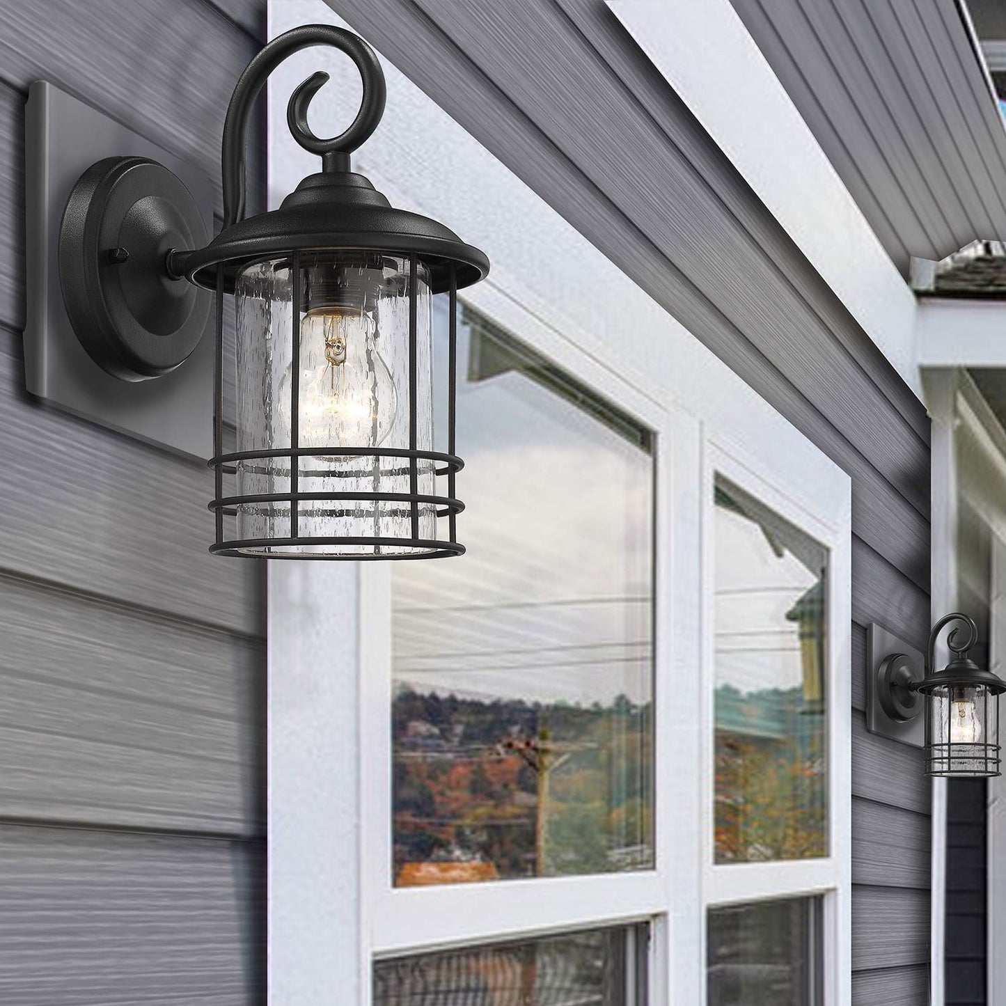 Rynx | Micsiu 10" Textured Black Outdoor Wall Lamp 2 Pack - Seed Glass Lanterns For Entrance, Patio