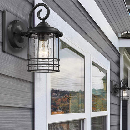 Rynx | Micsiu 10" Textured Black Outdoor Wall Lamp 2 Pack - Seed Glass Lanterns For Entrance, Patio