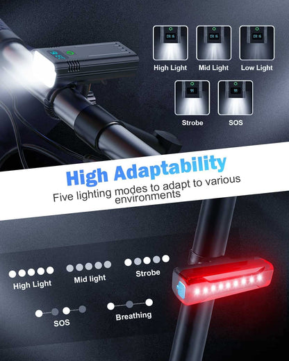 Rynx | Victoper 8000 Lumens Bicycle Light Set, 8 Led Usb Rechargeable Front & Back Lights, Matte Black