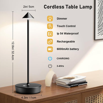 Rynx | Tpczqj Rechargeable Wireless Table Lamp - 6000Mah Led, 3 Color Dimmer, Waterproof - Black