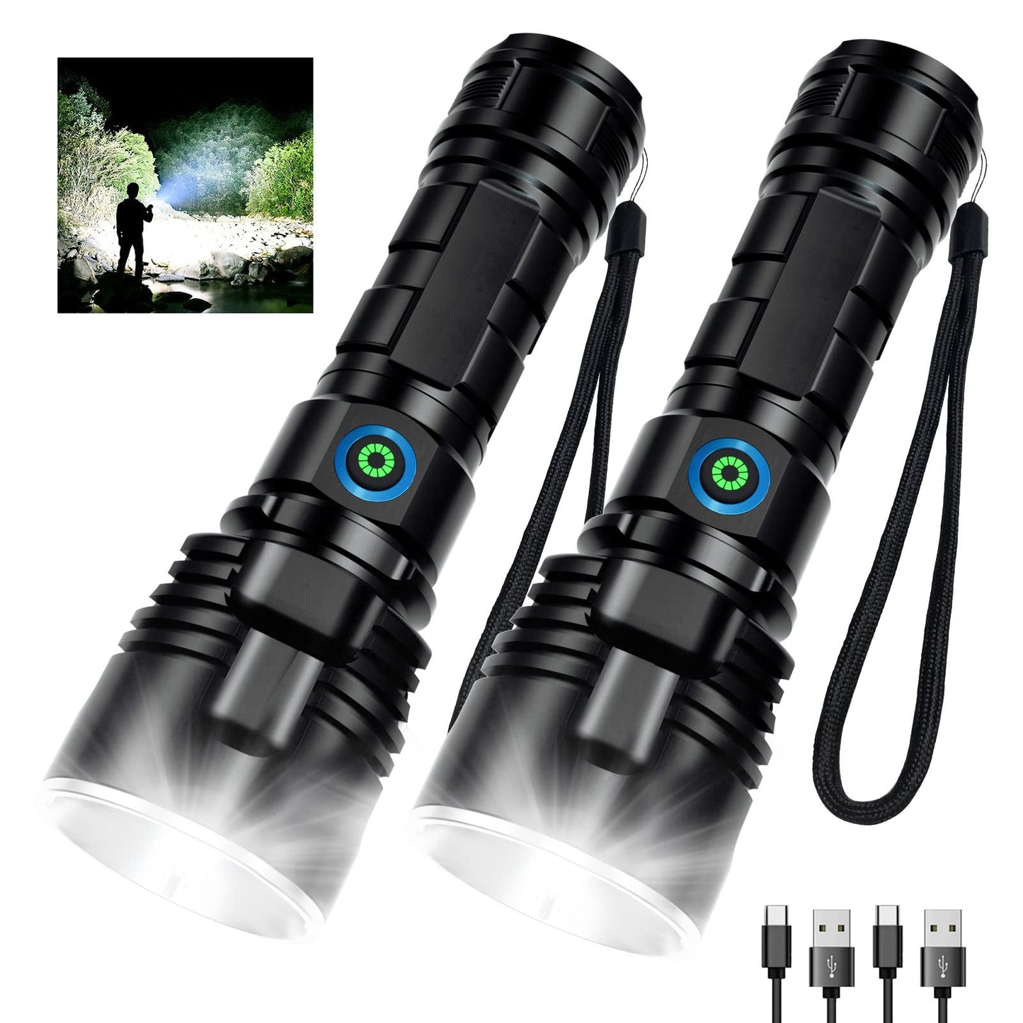 Rynx | Milaoshu 990,000 High Lumen Rechargeable Flashlights - 2 Pack, Waterproof Led Flashlight For Camping