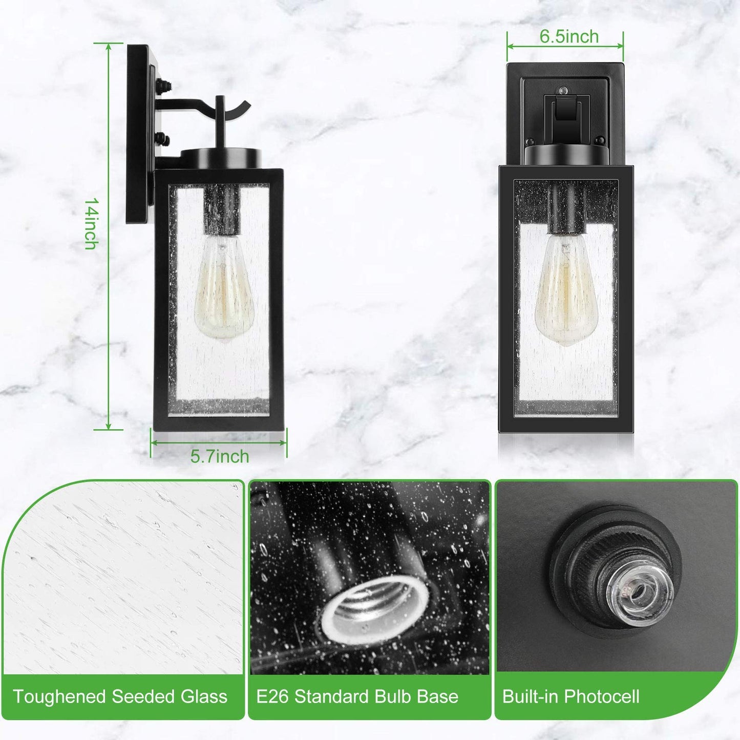 Rynx | Verron Dusk To Dawn Outdoor Wall Lamps, 2 Packs, Waterproof Matte Black, Garage & Porch Light Sources