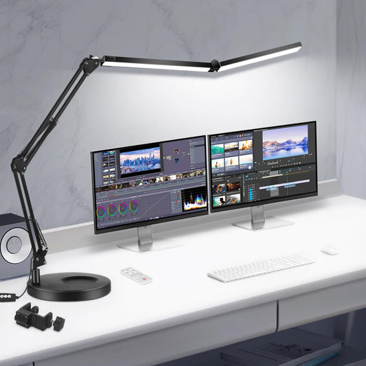 Rynx | Toolour LED Desk Lamp, 2-in-1 Double Head, Dimmable, Clamp, Remote Control, Black