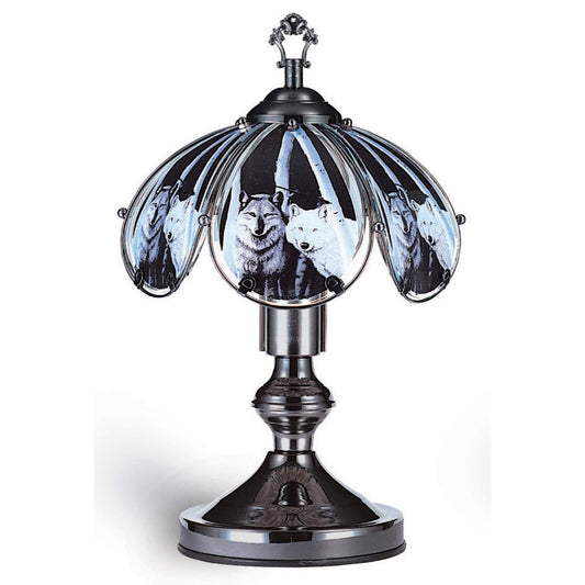 Rynx | Ore International K320 Glass Wolf Scene Touch Lamp, Satin Nickel
