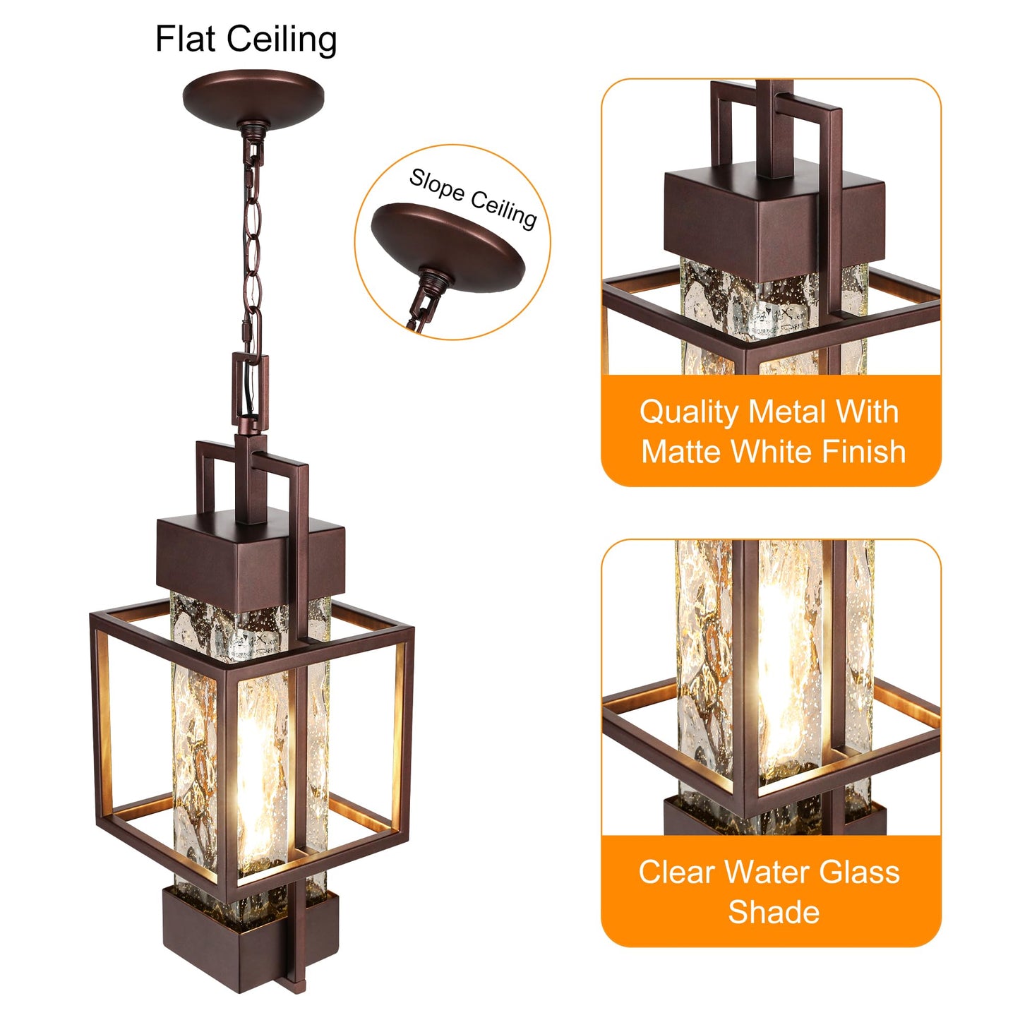 Rynx | Partphoner 15" Outdoor Indoor Hanging Lantern, Modern Metal Chandeliers, Oil Brown Bronze