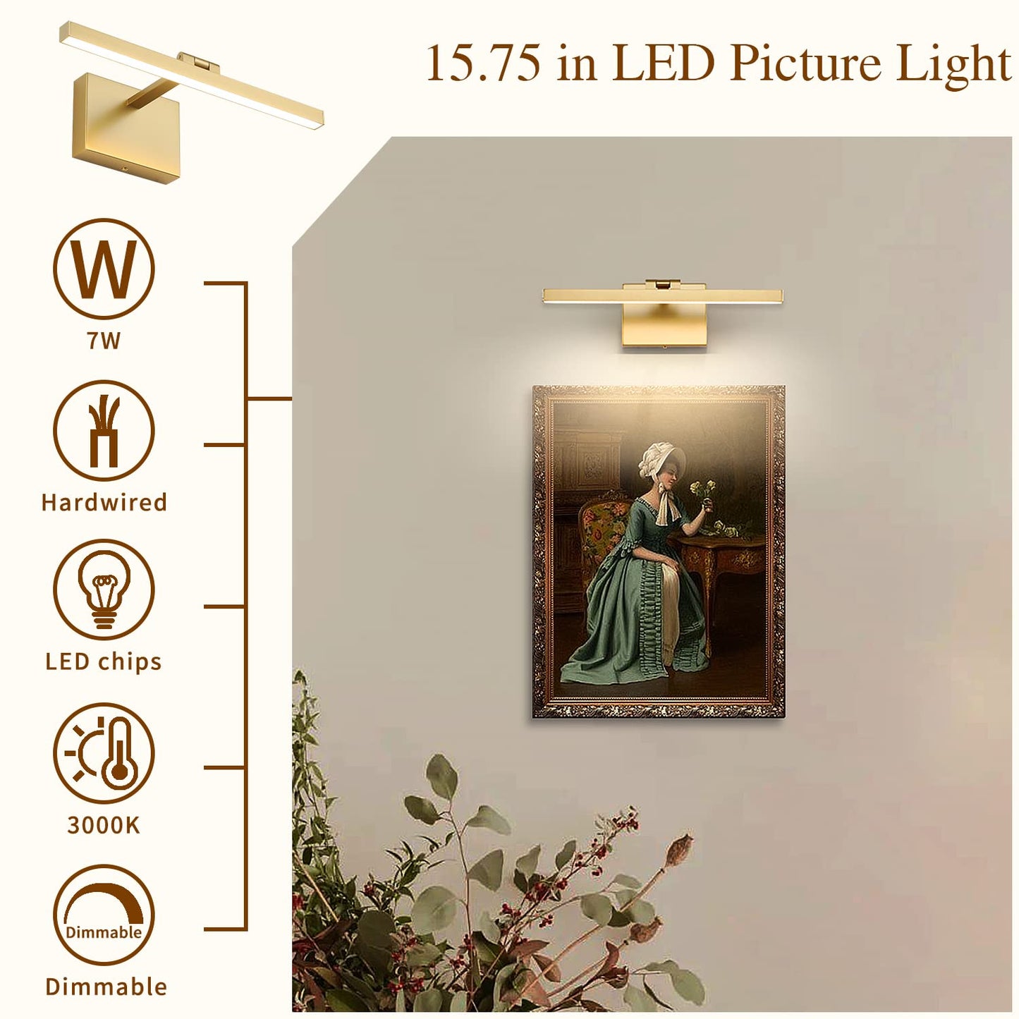 Rynx | Joosenhouse Gold Dimmable Picture Lighting, 300 Lumen Adjustable Wall Lamp For Paintings