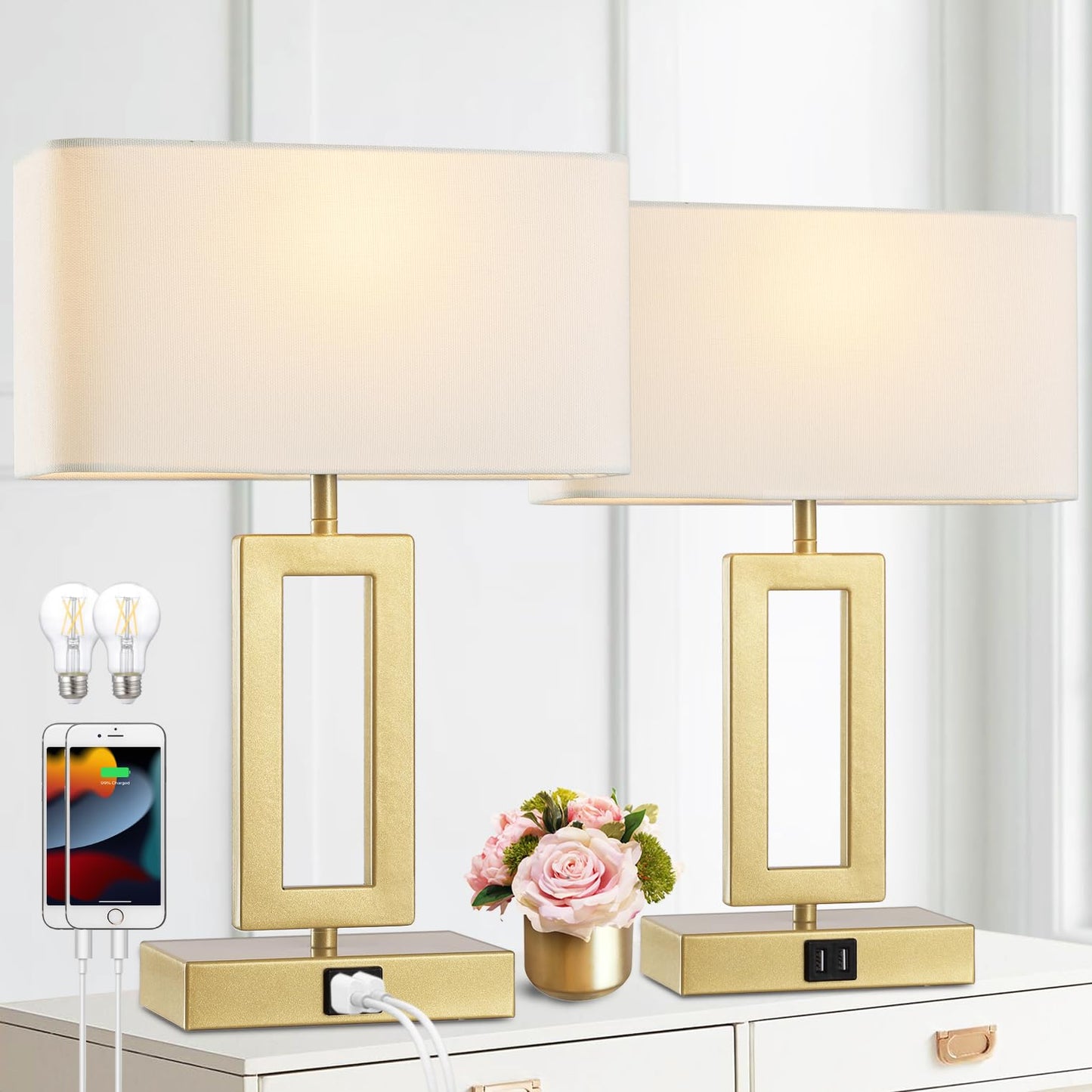 Rynx | Gernehop Gold Table Lamps Set Of 2 With Double Usb Ports, 3-Way Dimmable Touch Control Night Lamps, Modern Bedroom Table Lamp For