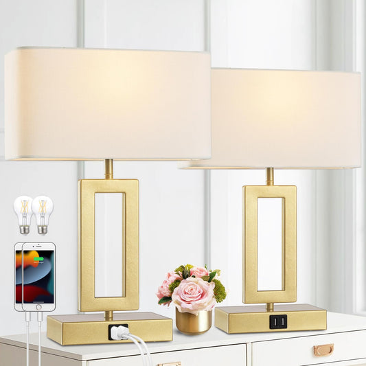 Rynx | Gernehop Gold Table Lamps Set Of 2 With Double Usb Ports, 3-Way Dimmable Touch Control Night Lamps, Modern Bedroom Table Lamp For
