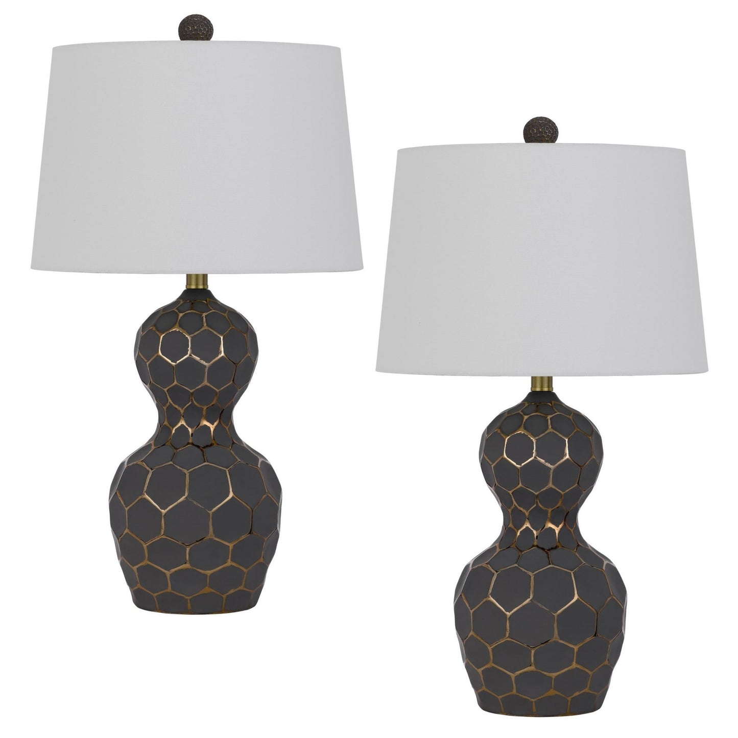 Rynx | Benjara 27 Inch Modern Curved Table Lamp, Set of 2, Round Shade, Black, Gold Resin