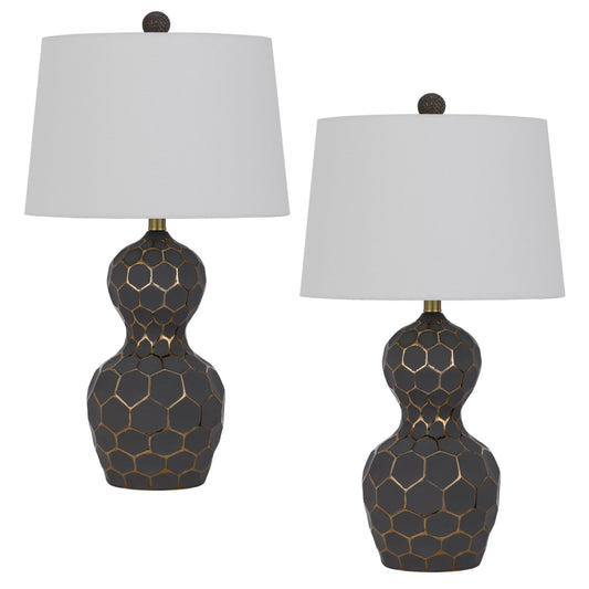 Rynx | Benjara 27 Inch Modern Curved Table Lamp, Set of 2, Round Shade, Black, Gold Resin