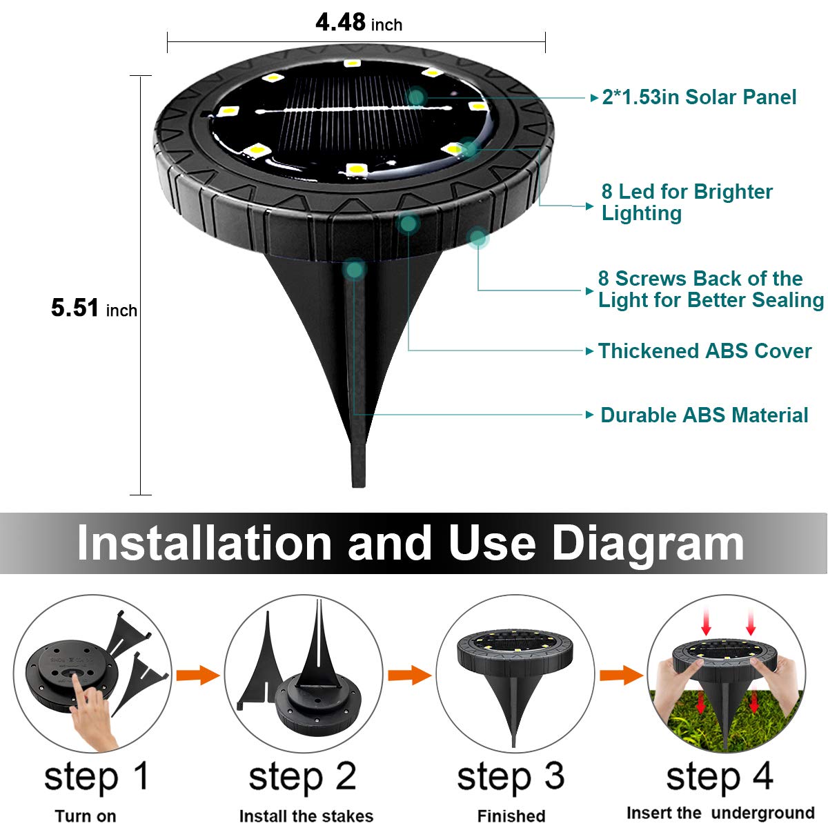 Rynx | Kdorrku Solar-Powered Ground Light 8 Pack, Ip68 Waterproof Led Disk Light For Garden Path