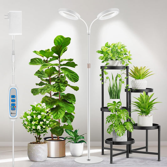 Rynx | Aumtrly Large Plant Lighting For Indoor Plants, 2 Head Full Spectrum Grow Lights With 68" Adjustable Stand For Growing Large Tall Plants, White Halo Floor Led Grow Lamp With 16 Hours Timer