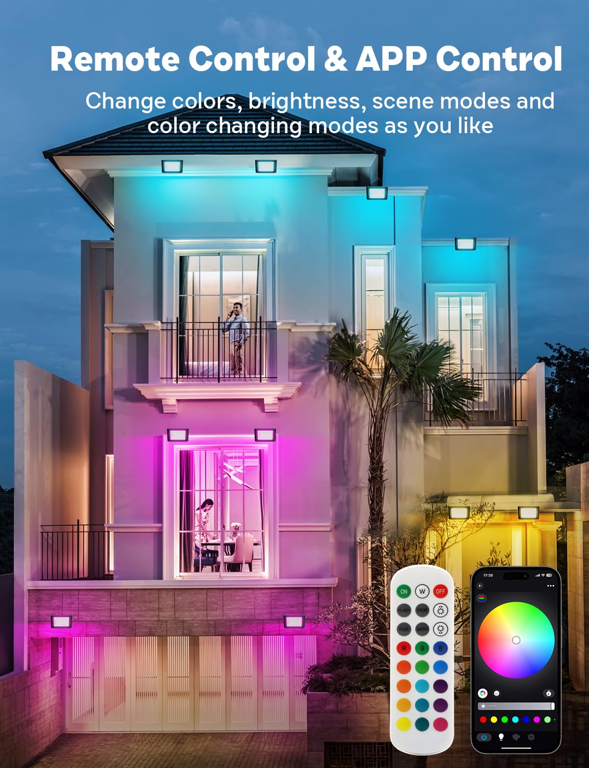 Rynx | Alfele 36W Rgbw Led Floodlight, Color-Changing Outdoor Lighting, Remote Control, Ip66, 4 Pack