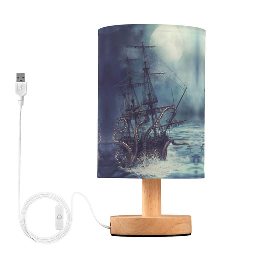 Rynx | Yyzzh Table Lamp Inkfish Pirate Ship Sea Monster Tentacle Sailboat Night Sea Wave Nightstand Lamp With Wooden Base Fabric Lampshade Table Lamp For Living Room Bedroom Kids Room Office