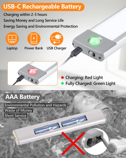 Rynx | Priorare 54 LED Motion Sensor Under Cabinet Lighting, Rechargeable Warm White Closet Light, 2Pack