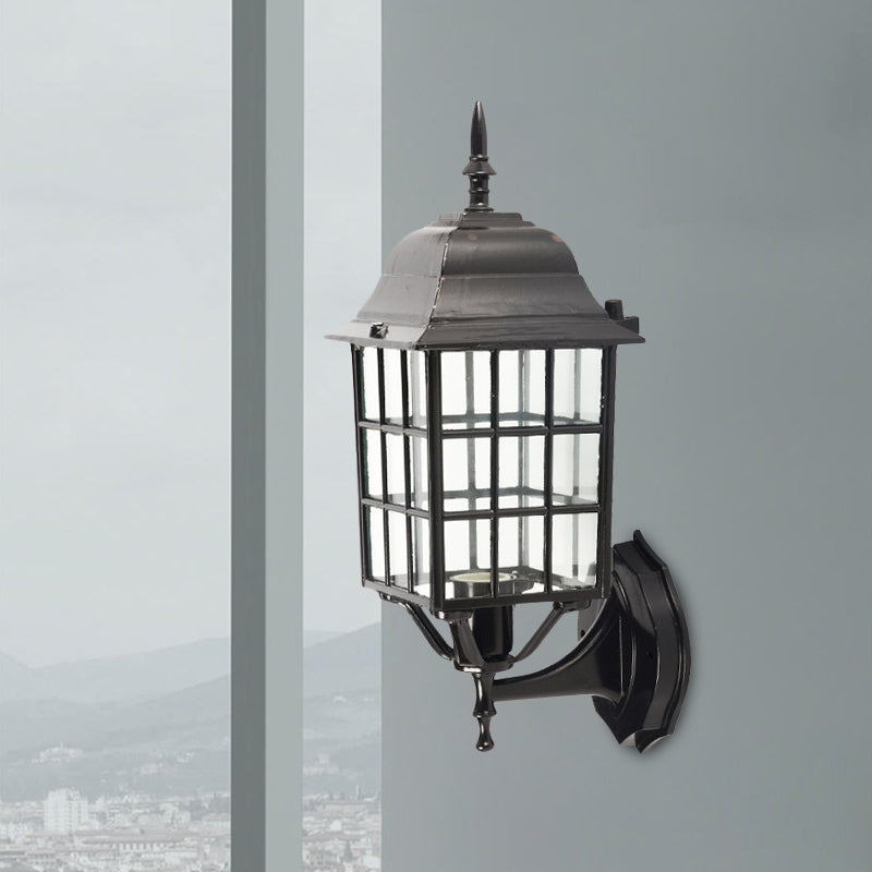 Rynx | Grid Aluminium Wall Lamp Lodges 1 Bulb Courtyard Wall Lighting with Clear Glass Shade in Black