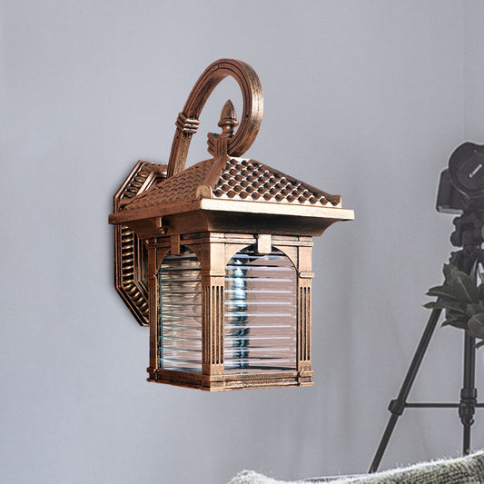 Rynx | Arch Courtyard Wall Lamp Fixture Farm Bright Ribbed Glass 1 Light Brass Finish Wall Mount Lamp