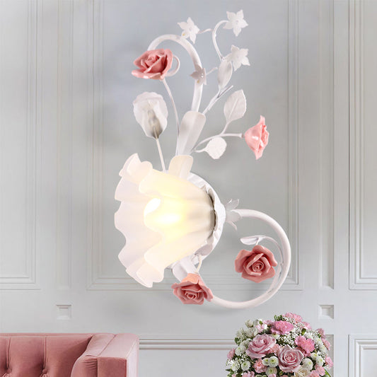 Rynx | Countryside Scalloped Wall Light 1 Lamp White Glass Wall Mounted Lamp with Pink Rose for Bedroom, Left/Right