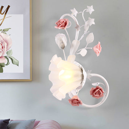 Rynx | Countryside Scalloped Wall Light 1 Lamp White Glass Wall Mounted Lamp with Pink Rose for Bedroom, Left/Right
