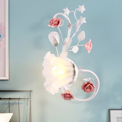 Rynx | Countryside Scalloped Wall Light 1 Lamp White Glass Wall Mounted Lamp with Pink Rose for Bedroom, Left/Right