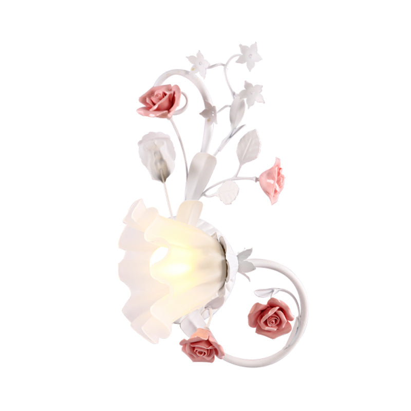 Rynx | Countryside Scalloped Wall Light 1 Lamp White Glass Wall Mounted Lamp with Pink Rose for Bedroom, Left/Right