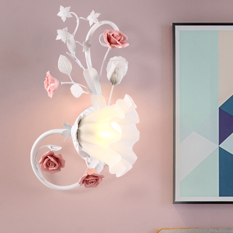 Rynx | Countryside Scalloped Wall Light 1 Lamp White Glass Wall Mounted Lamp with Pink Rose for Bedroom, Left/Right