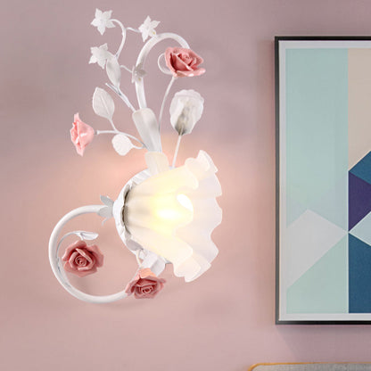 Rynx | Countryside Scalloped Wall Light 1 Lamp White Glass Wall Mounted Lamp with Pink Rose for Bedroom, Left/Right