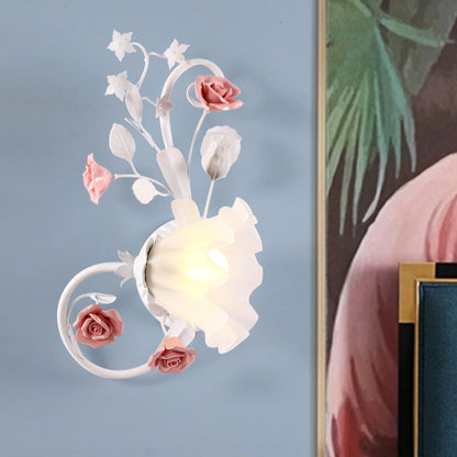 Rynx | Countryside Scalloped Wall Light 1 Lamp White Glass Wall Mounted Lamp with Pink Rose for Bedroom, Left/Right