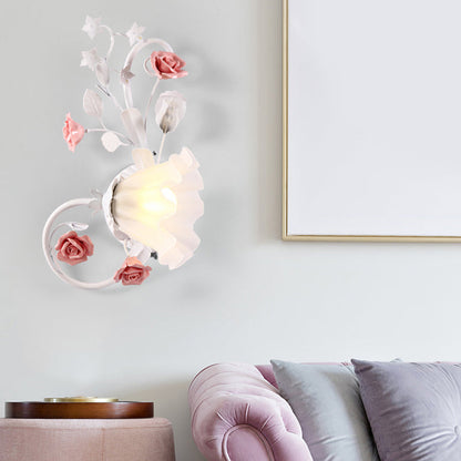 Rynx | Countryside Scalloped Wall Light 1 Lamp White Glass Wall Mounted Lamp with Pink Rose for Bedroom, Left/Right