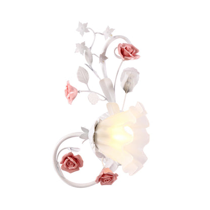 Rynx | Countryside Scalloped Wall Light 1 Lamp White Glass Wall Mounted Lamp with Pink Rose for Bedroom, Left/Right