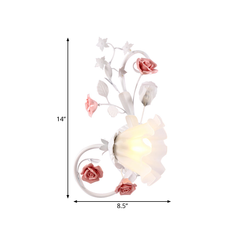 Rynx | Countryside Scalloped Wall Light 1 Lamp White Glass Wall Mounted Lamp with Pink Rose for Bedroom, Left/Right