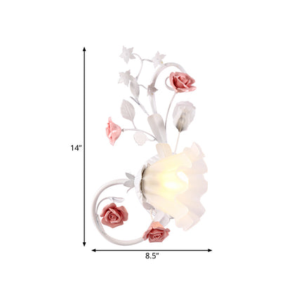 Rynx | Countryside Scalloped Wall Light 1 Lamp White Glass Wall Mounted Lamp with Pink Rose for Bedroom, Left/Right