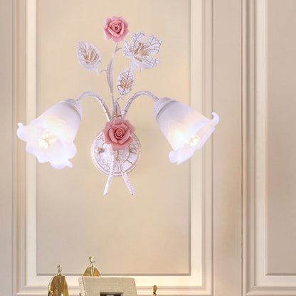Rynx | 1/2-Light Wall Sconce Pastoral Floral White Glass Wall Mount Lamp with Metal Curved Arm for Living Room