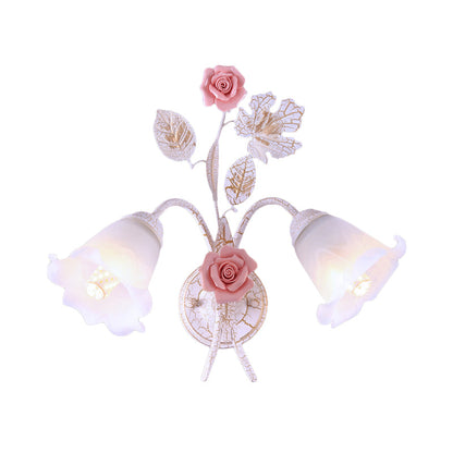 Rynx | 1/2-Light Wall Sconce Pastoral Floral White Glass Wall Mount Lamp with Metal Curved Arm for Living Room