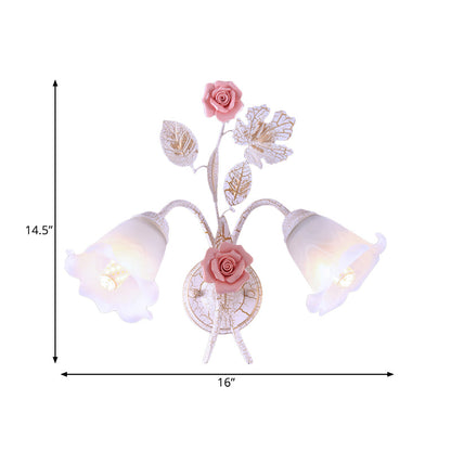 Rynx | 1/2-Light Wall Sconce Pastoral Floral White Glass Wall Mount Lamp with Metal Curved Arm for Living Room