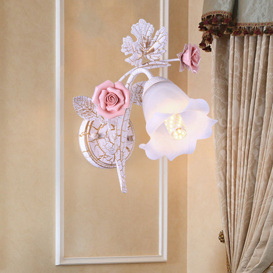 Rynx | 1/2-Light Wall Sconce Pastoral Floral White Glass Wall Mount Lamp with Metal Curved Arm for Living Room