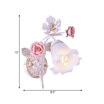 Rynx | 1/2-Light Wall Sconce Pastoral Floral White Glass Wall Mount Lamp with Metal Curved Arm for Living Room