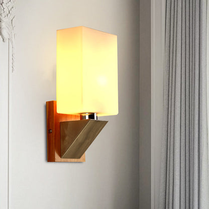 Rynx | Cube Wall Light Modern White Frosted Glass 1 Head Wood Wall Lamp with Triangle Metal Base