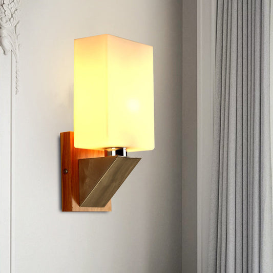 Rynx | Cube Wall Light Modern White Frosted Glass 1 Head Wood Wall Lamp with Triangle Metal Base