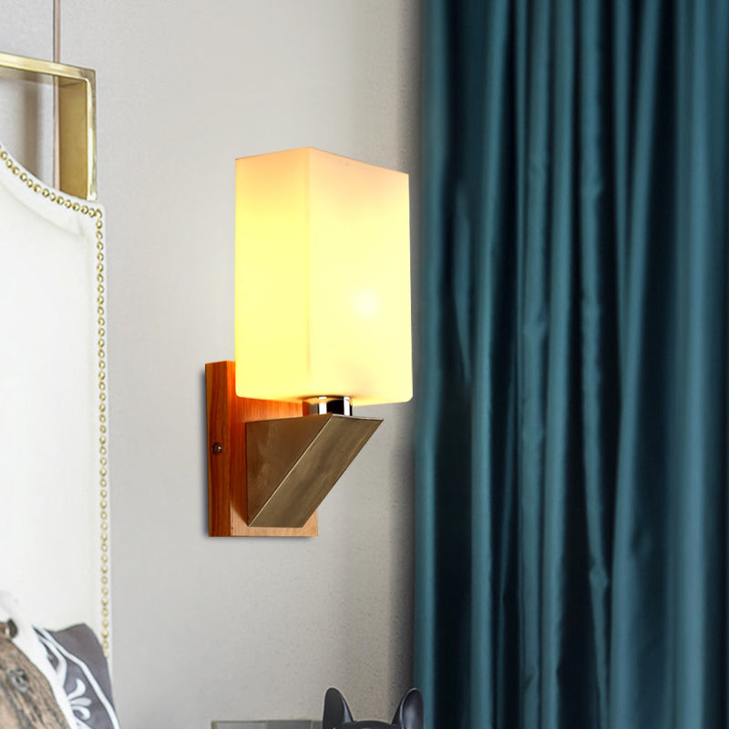 Rynx | Cube Wall Light Modern White Frosted Glass 1 Head Wood Wall Lamp with Triangle Metal Base