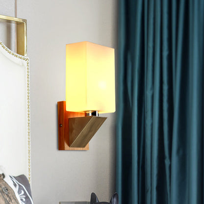 Rynx | Cube Wall Light Modern White Frosted Glass 1 Head Wood Wall Lamp with Triangle Metal Base