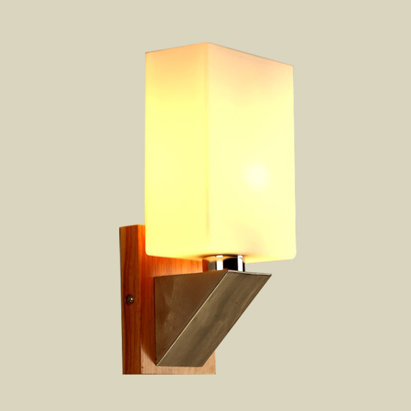 Rynx | Cube Wall Light Modern White Frosted Glass 1 Head Wood Wall Lamp with Triangle Metal Base