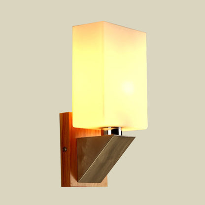 Rynx | Cube Wall Light Modern White Frosted Glass 1 Head Wood Wall Lamp with Triangle Metal Base