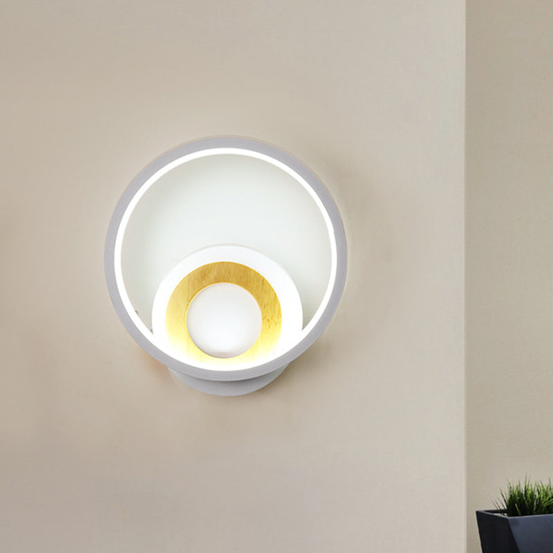 Rynx | Modernist Ring Wall Lamp Acrylic LED Bedside Wall Mount Fixture in White with Wood Detail, White/Warm Light