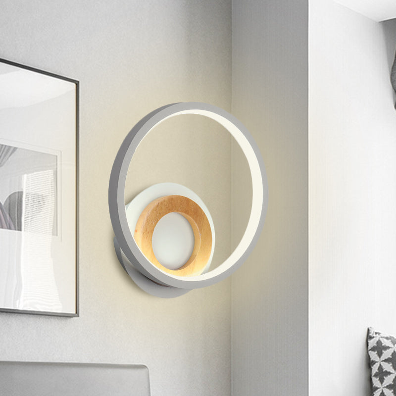 Rynx | Modernist Ring Wall Lamp Acrylic LED Bedside Wall Mount Fixture in White with Wood Detail, White/Warm Light