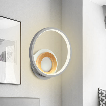Rynx | Modernist Ring Wall Lamp Acrylic LED Bedside Wall Mount Fixture in White with Wood Detail, White/Warm Light