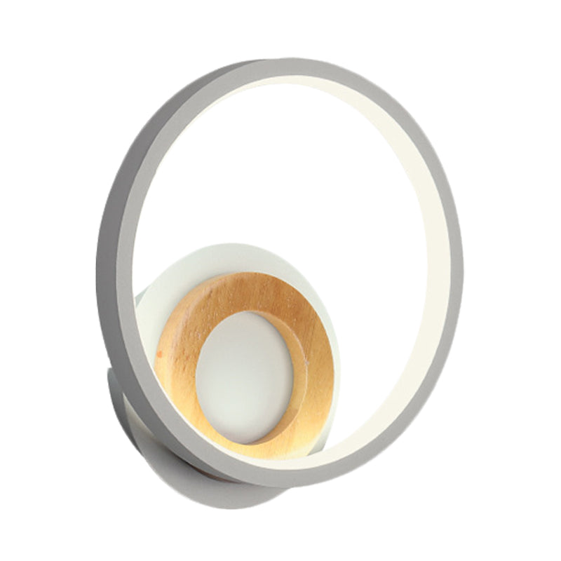 Rynx | Modernist Ring Wall Lamp Acrylic LED Bedside Wall Mount Fixture in White with Wood Detail, White/Warm Light
