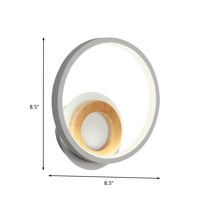 Rynx | Modernist Ring Wall Lamp Acrylic LED Bedside Wall Mount Fixture in White with Wood Detail, White/Warm Light
